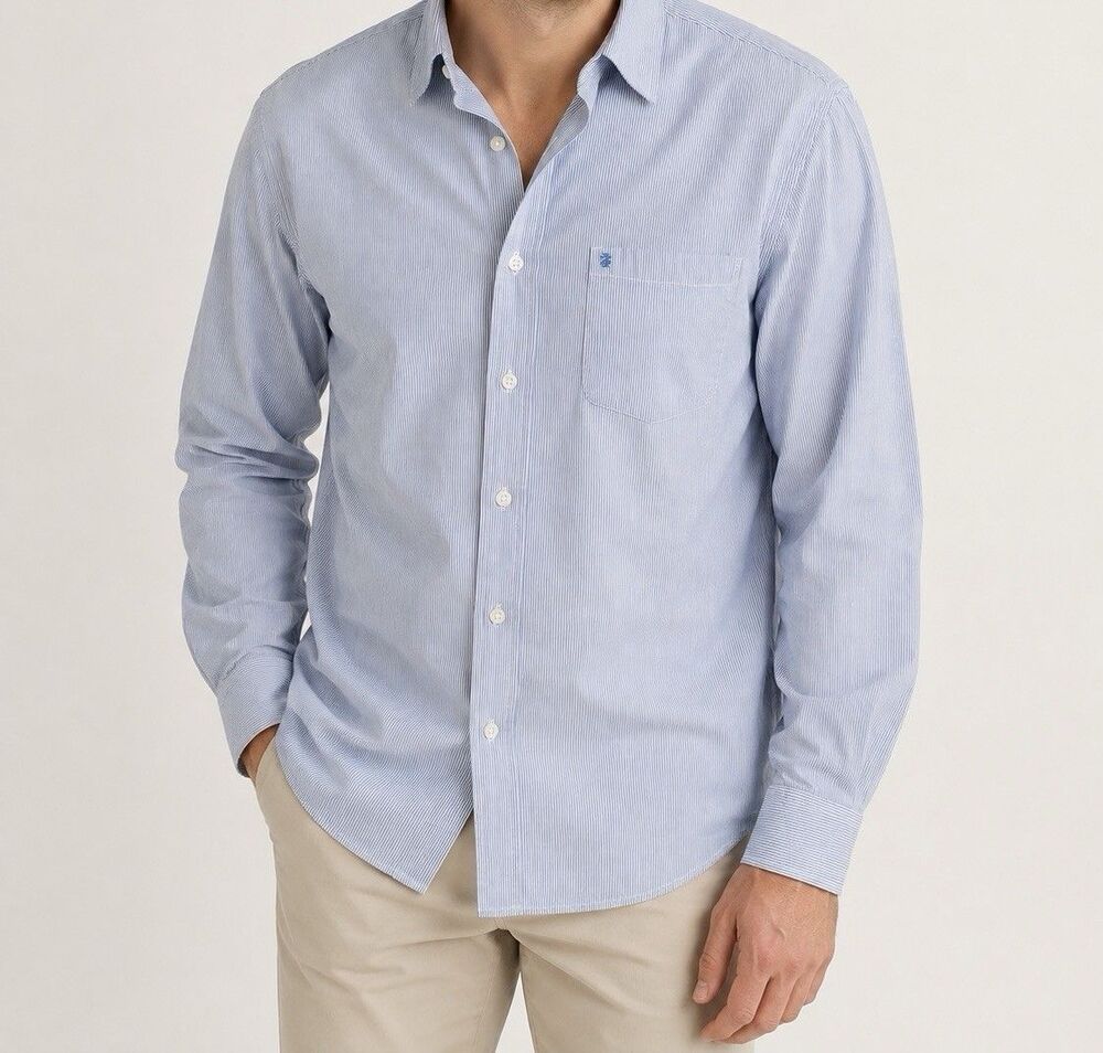 IZOD Mens XL Blue White Striped Long Sleeve Button Up Shirt Pocket Preppy